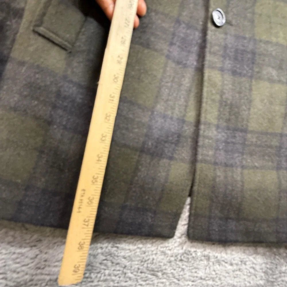 Jos A Bank 1905 Shadow Plaid Green Long Coat Wool Blend Mens 48R Tailored Fit